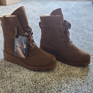 BearPaw Chestnut Suede Lace-Up Wedge Ankle Boots